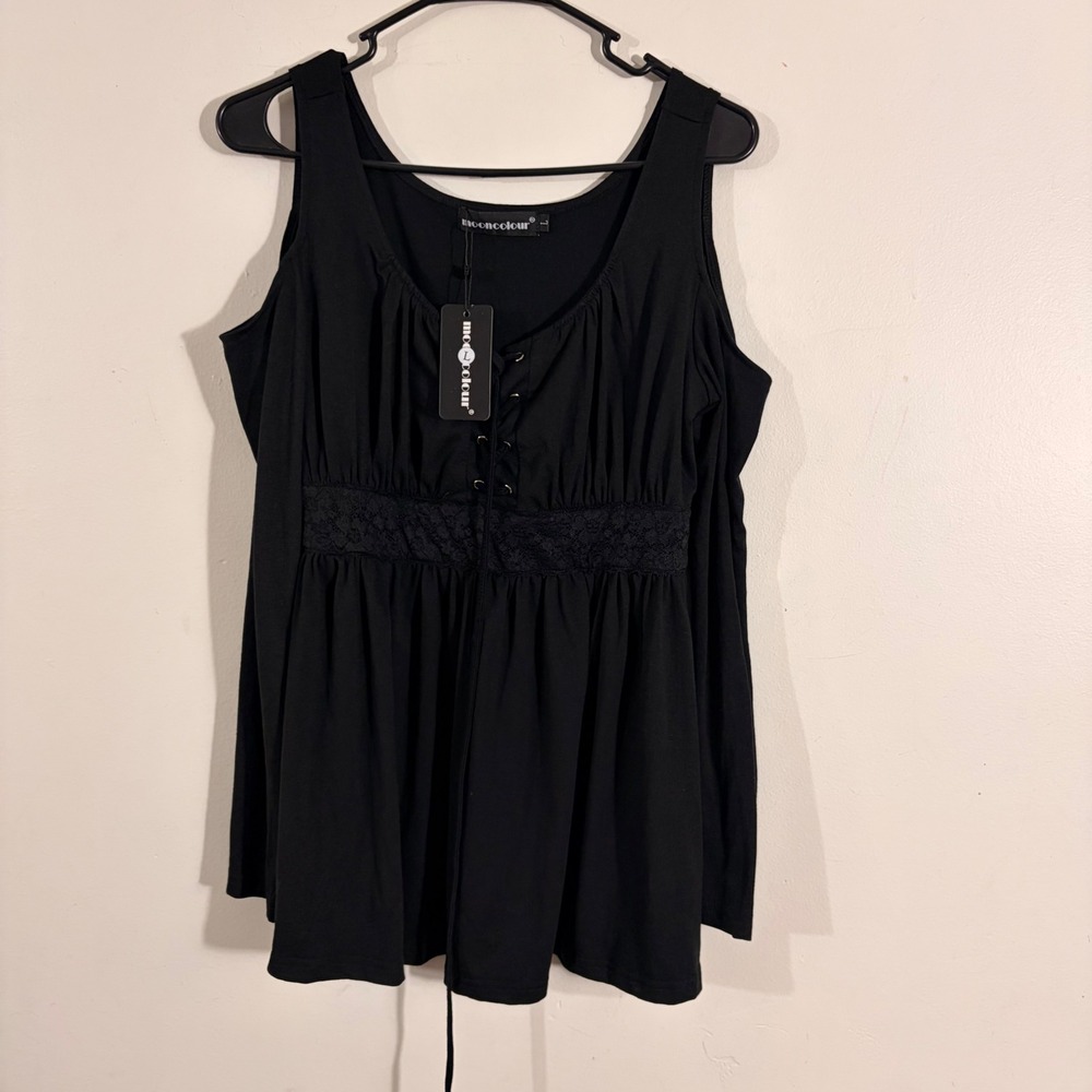 Mooncolour Cold Shoulder Tunic Women Large Black NWT Gothic Lace Up Grunge Top
